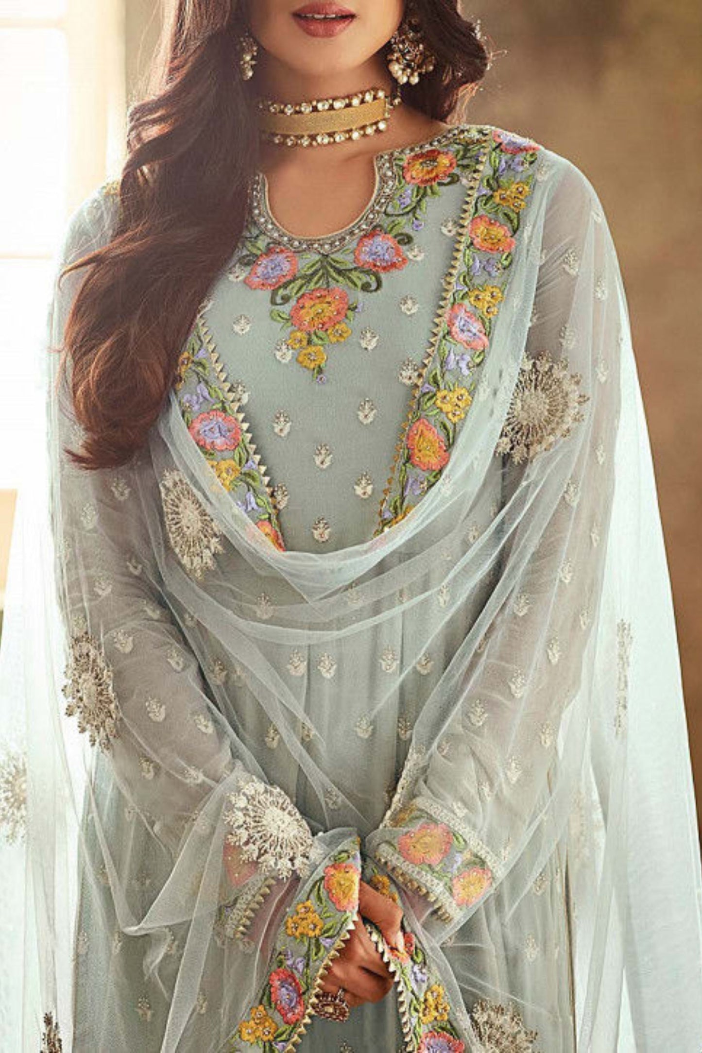 Light Grey Georgette Anarkali with Palazzo For Indian Suit Festivals & Weddings - Embroidery Work, Stone Work