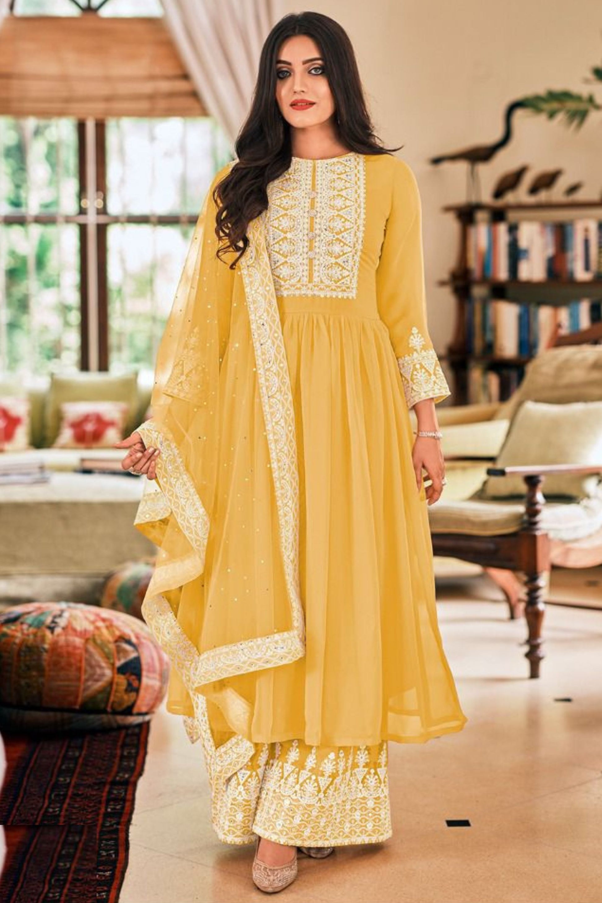 Yellow Georgette Kameez and Palazzo Suit For Indian Wedding & Festival - Embroidery Work