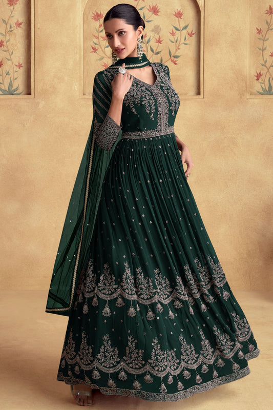 Dark Green Chinon Silk Anarkali Gown Suit For Indian Festivals & Weddings - Embroidery Work