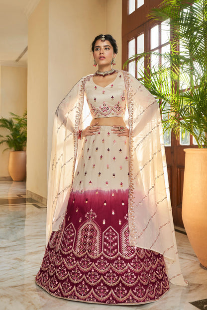 White Art Silk Lehenga Choli For Indian Festivals & Weddings - Sequence Embroidery Work, Thread Work