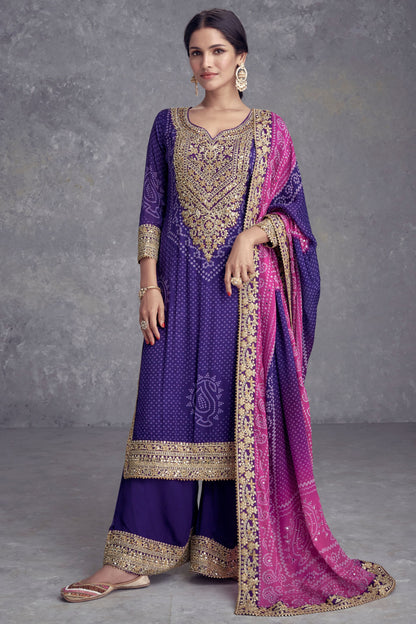 Blue Chinon Silk Palazzo Suit For Indian Festivals & Weddings - Embroidery Work, Mirror Work, Print Work