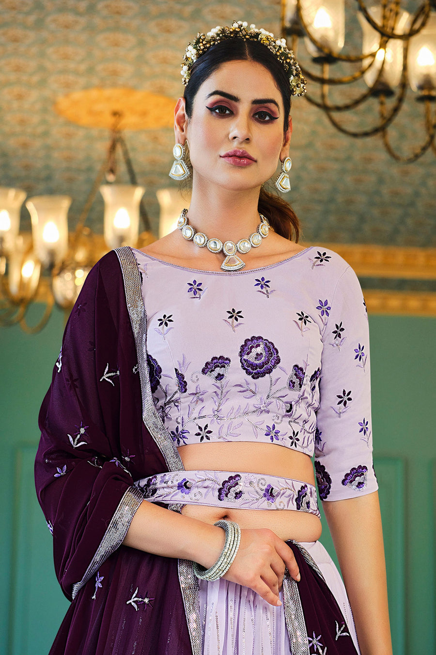 Purple Georgette Lehenga Choli Set For Indian Festivals & Weddings - Thread & Sequence Embroidery Work,