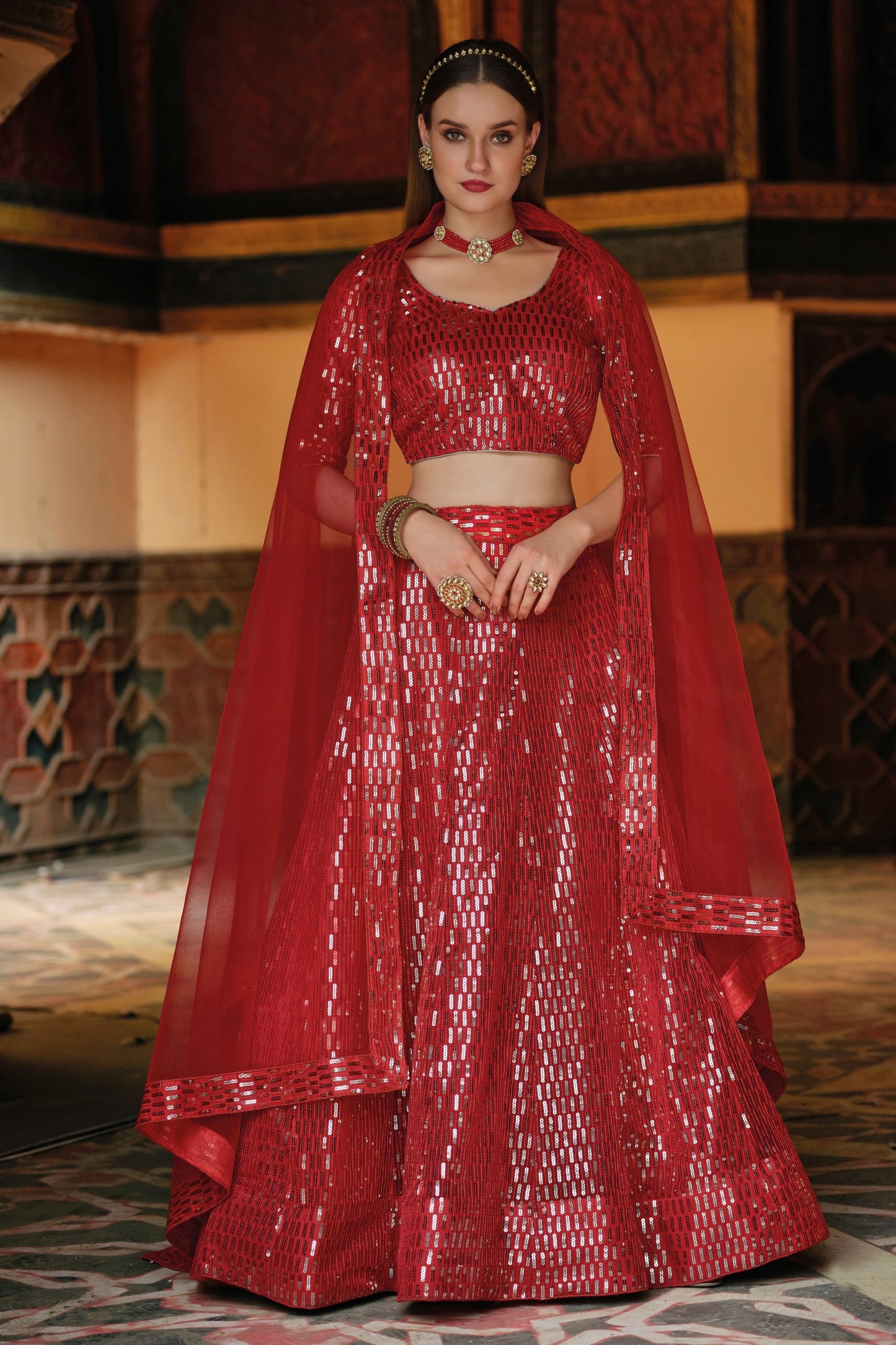 Red Pakistani Net Lehenga Choli For Indian Festivals & Weddings - Sequence Embroidery Work,