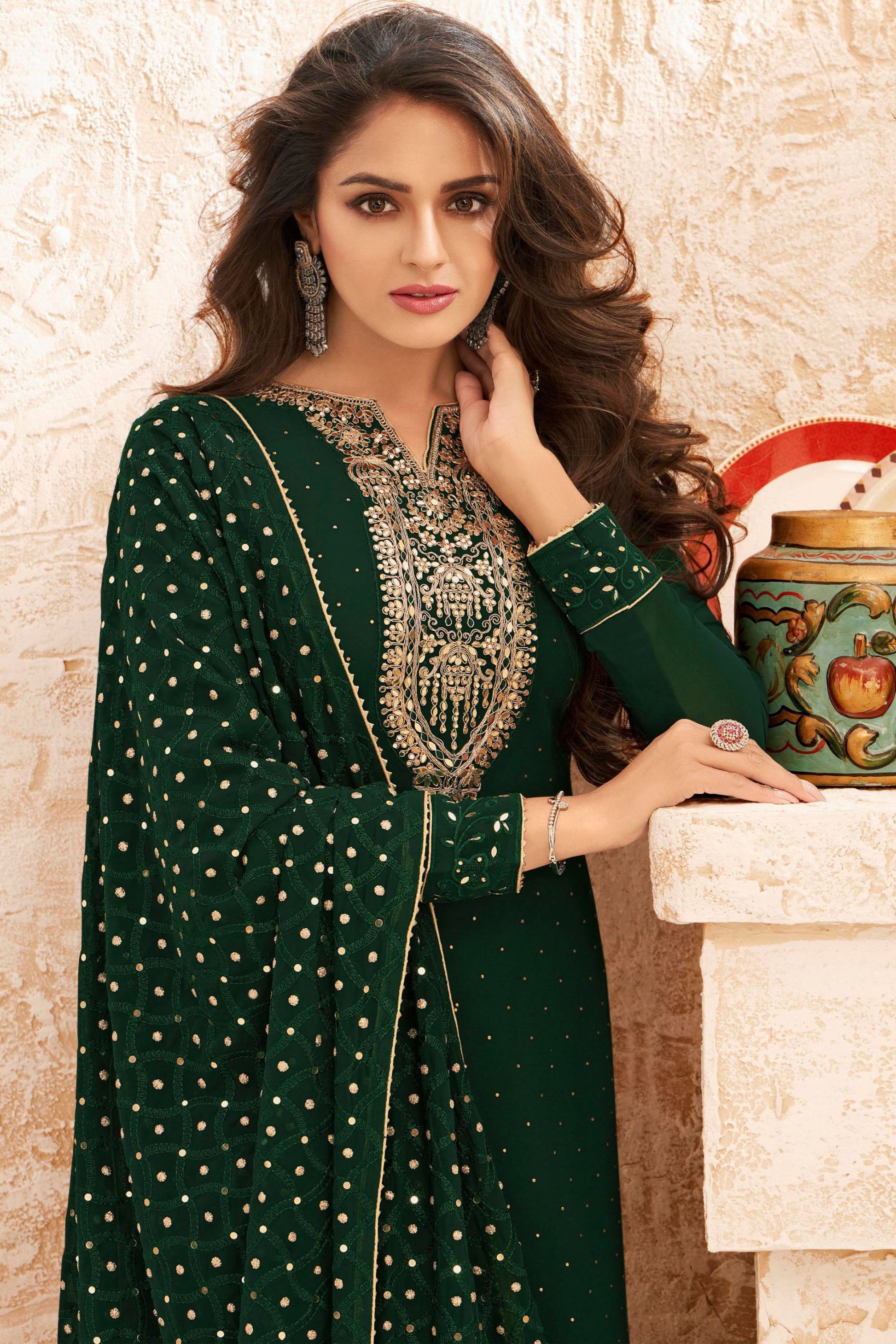 Dark Green Georgette Kameez Suit For Indian Festivals & Pakistani Weddings - Embroidery Work