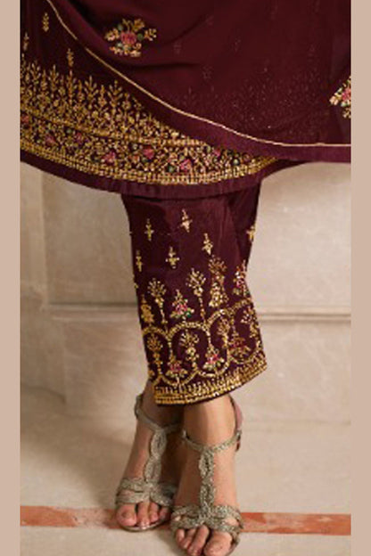 Maroon Georgette Plus Size Upto 7XL Size Kameez with Pant For Indian Suit Festivals & Pakistani Weddings - Embroidery Work