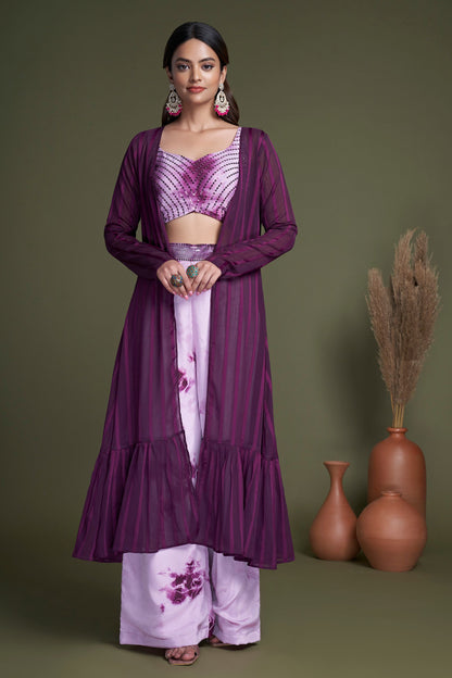 Purple Pakistani Silk Plazo with Koti For Indian Festivals & Weddings - Thread Embroidery Work,