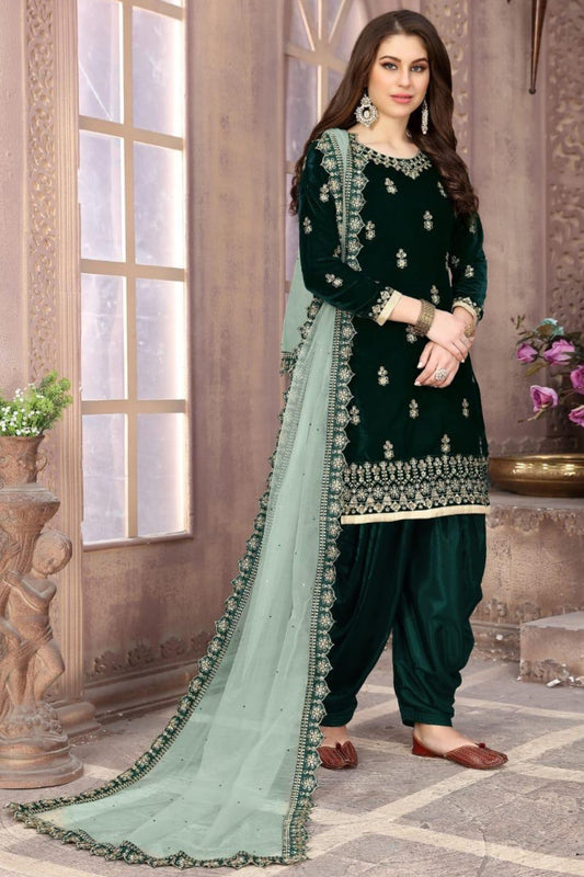 Dark Green Velvet Kameez With Patiyala Suit For Indian Festivals & Weddings - Embroidery Work