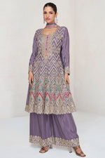 Purple Gray Chinon Silk Plazo Suit For Wedding & Festival - Embroidery Work