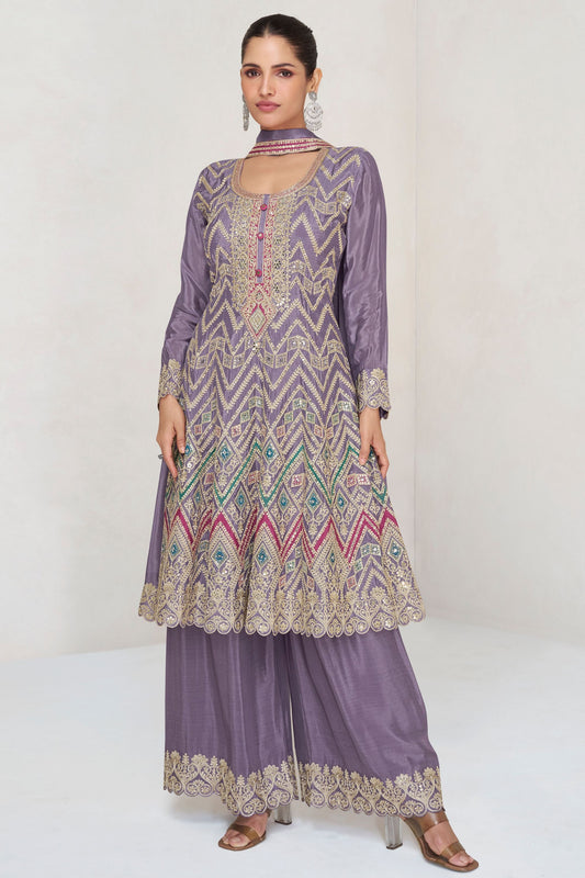 Gray Chinon Silk Plazo Suit For Wedding & Festival - Embroidery Work