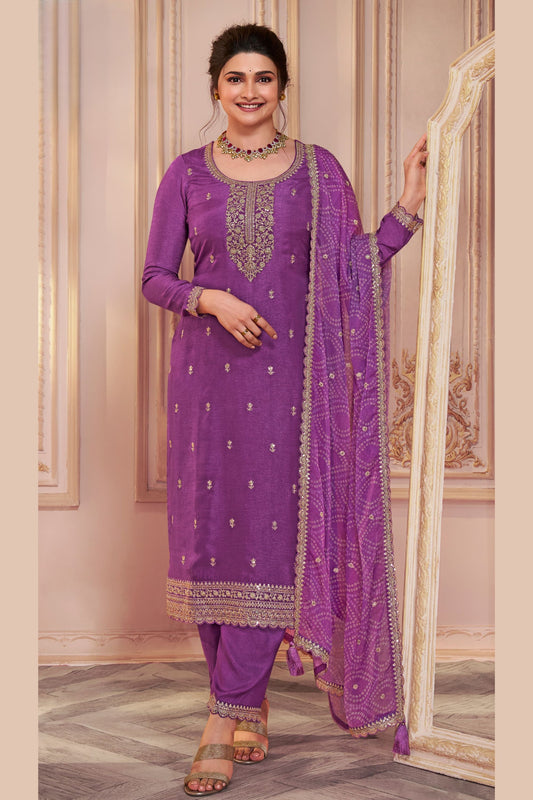 Purple Georgette Silk Kameez with Pant For Indian Suit Festivals & Pakistani Weddings - Embroidery Work