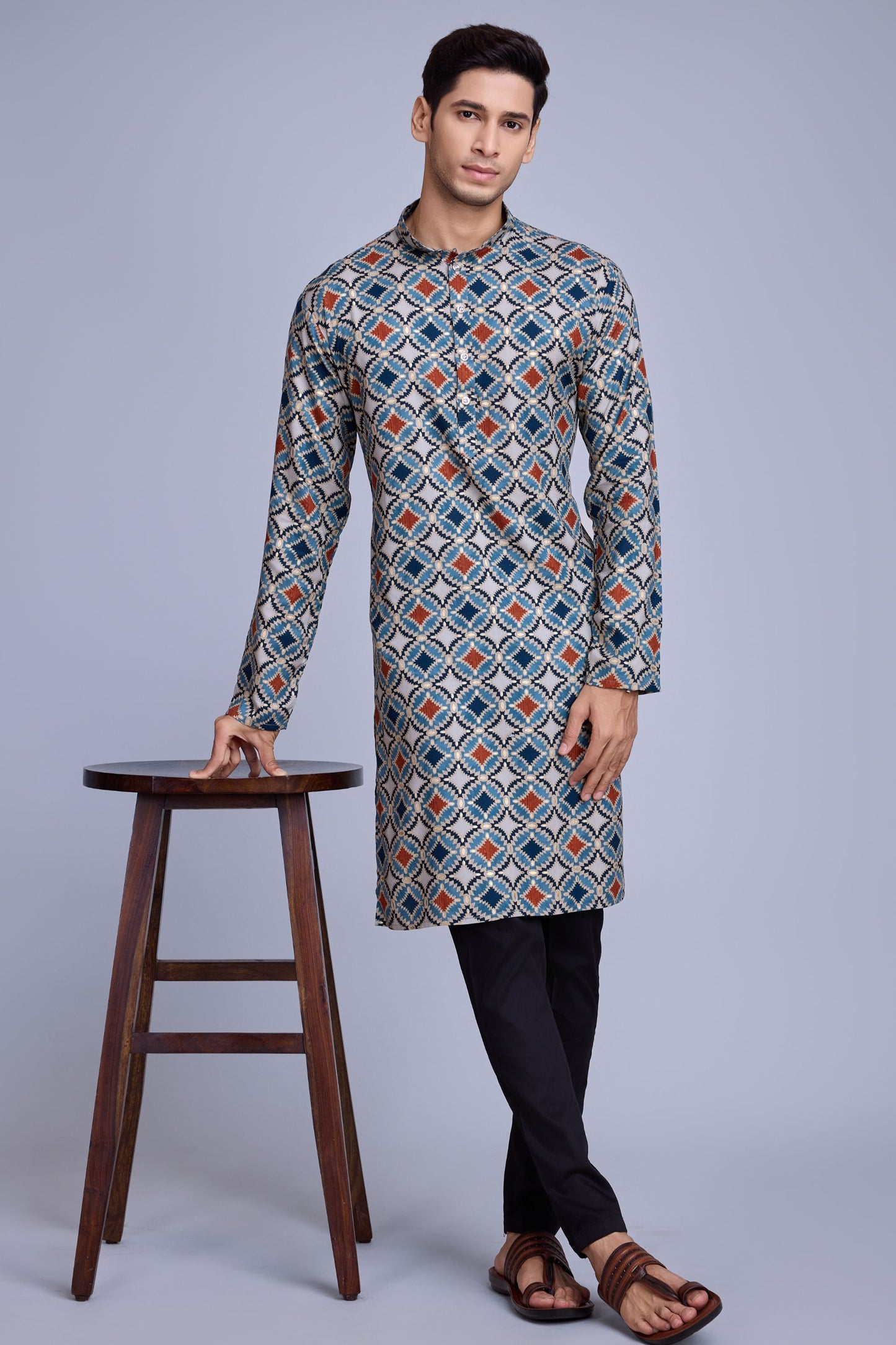 Sky Blue Rayon Kurta Pyjama for Men For Navratri Garba Festivals - Print Work