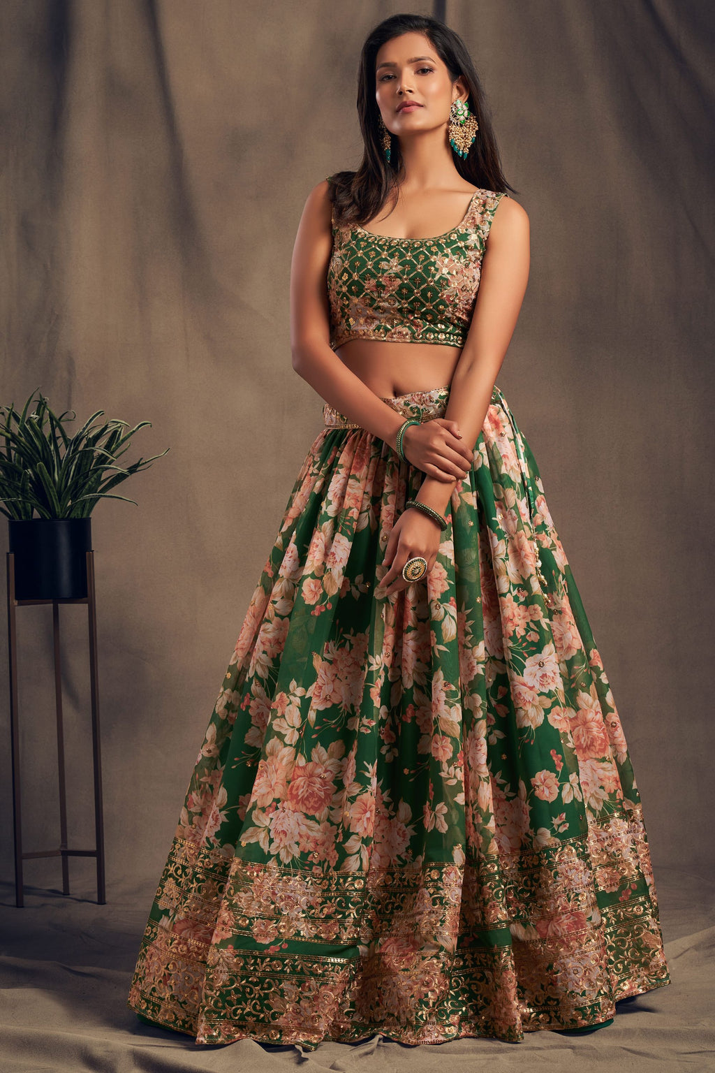 Green Organza Lehenga Choli For Indian Festival & Weddings - Embroidery Work, Print Work