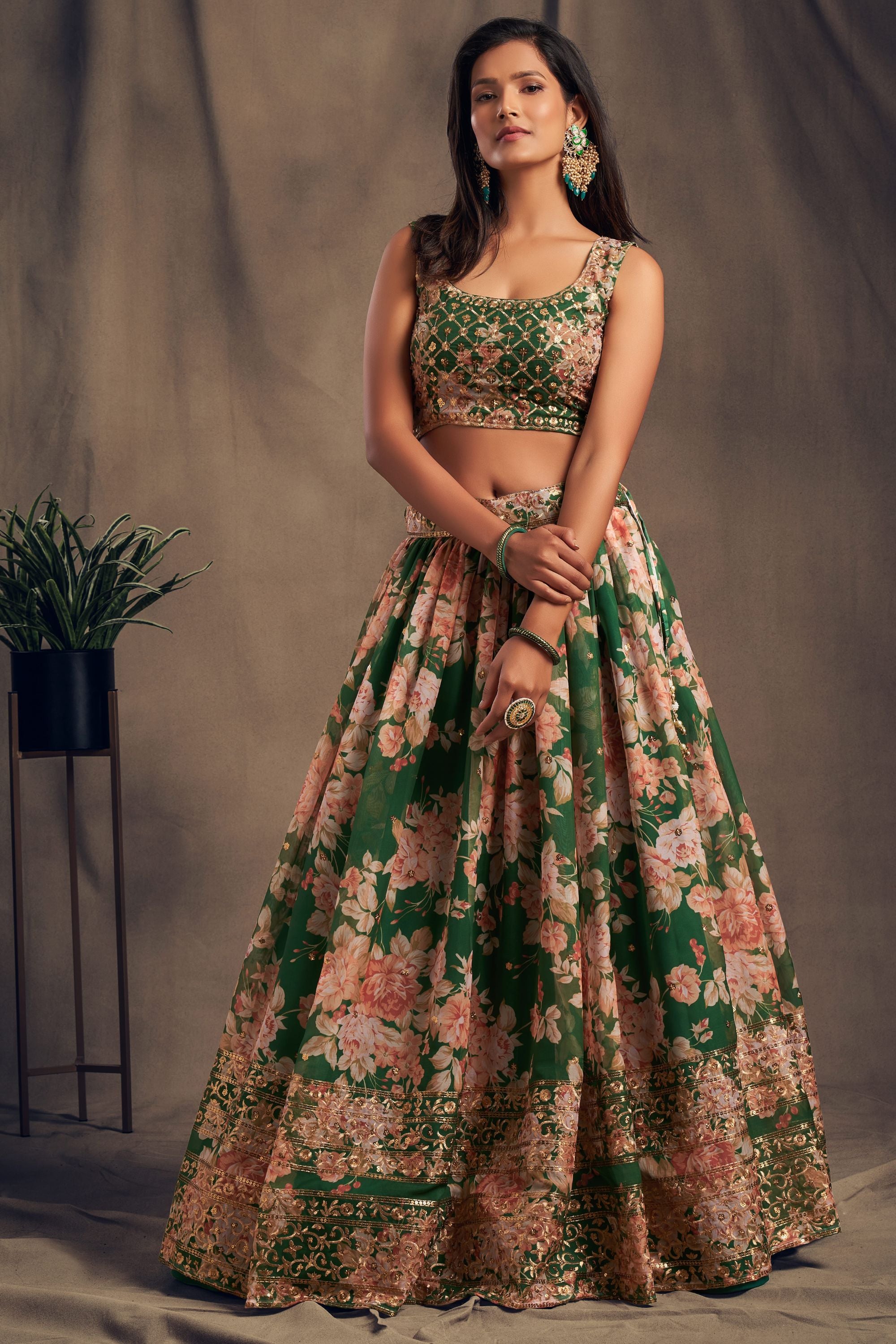 Green Organza Lehenga Choli For Indian Festival & Weddings - Embroidery Work, Print Work