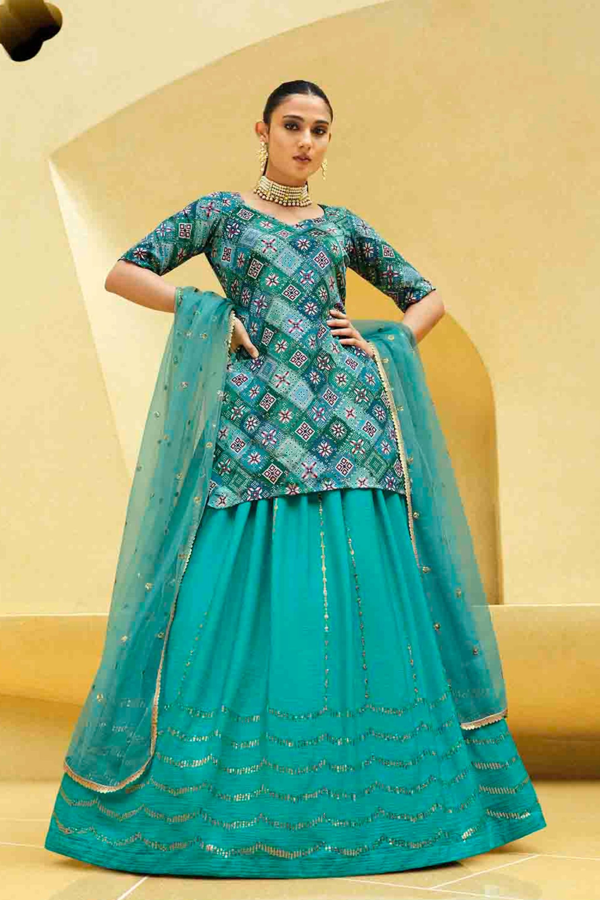 Teal Pakistani Chinon Lehenga Choli For Indian Festivals & Weddings - Print Work, Sequence Embroidery Work, Foil Mirror Work,