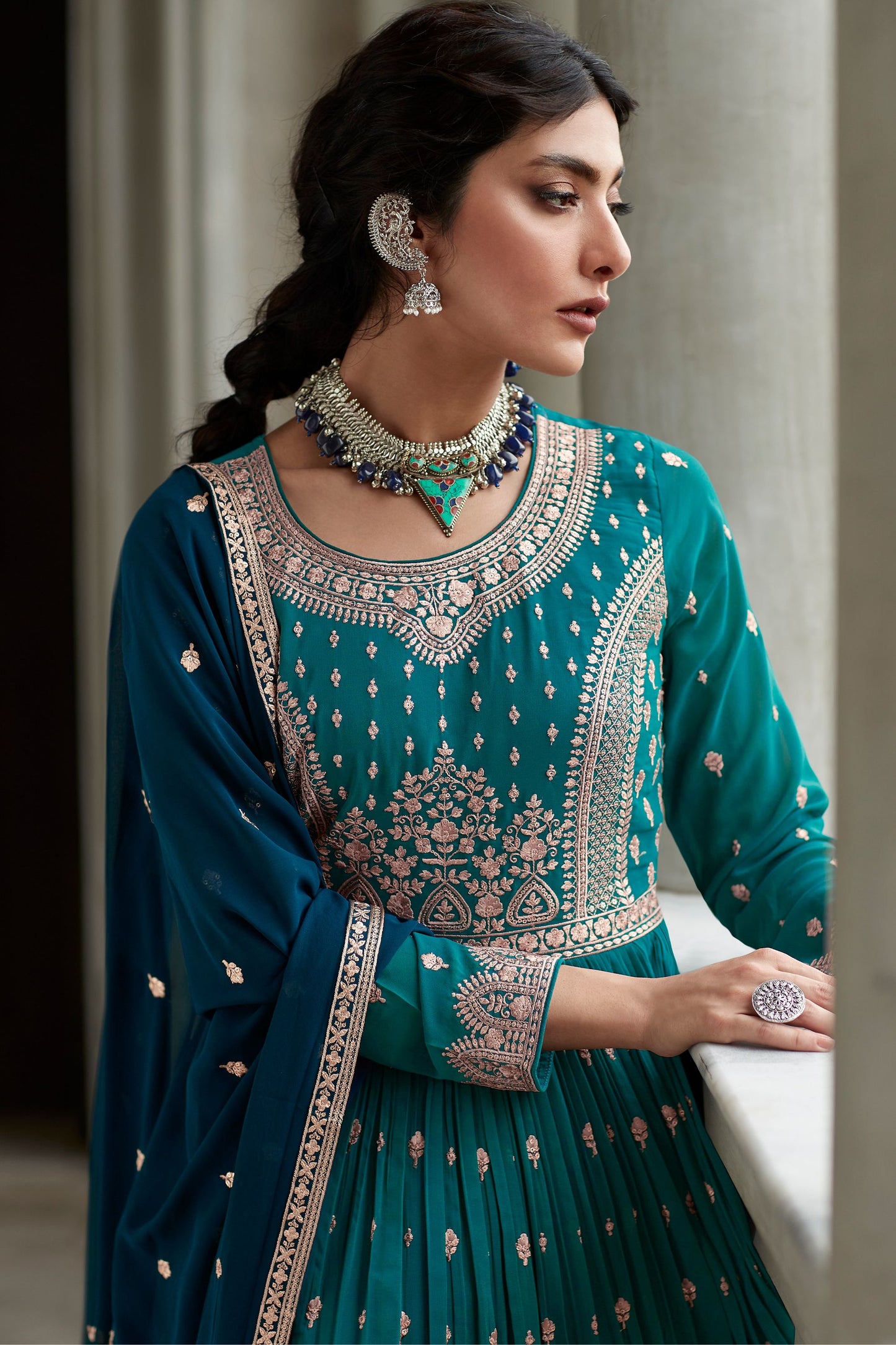 Teal Georgette Kameez with Skirt For Indian Festivals & Weddings - Thread Embroidery Work,