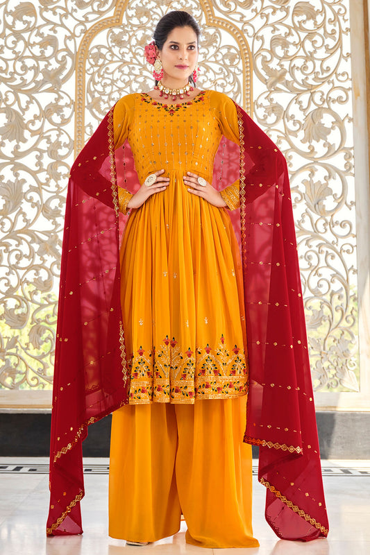 Mustard Pakistani Georgette Plazo For Indian Festivals & Weddings - Sequence Embroidery Work, Thread Embroidery Work,