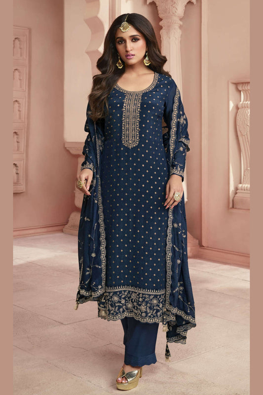 Blue Silk Salwar Kameez Suit For Indian Festivals & Pakistani Weddings Dress - Thread Embroidery Work