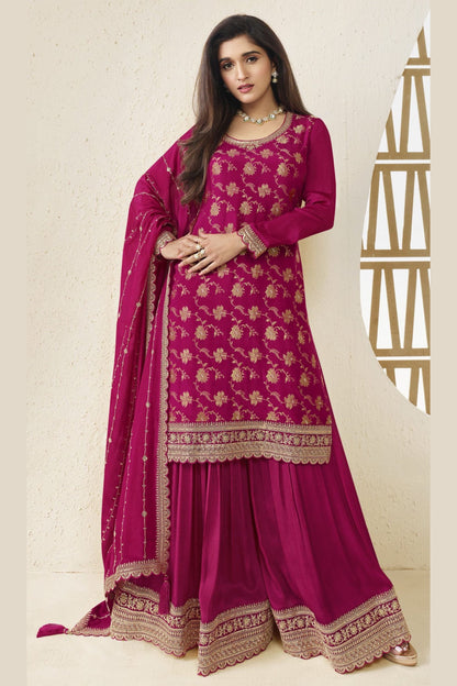 Magenta Jacquard Silk Palazzo Suit For Indian Festivals & Pakistani Plazo Weddings Dress - Embroidery Work