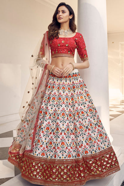 White Pakistani Art Silk Lehenga Choli For Indian Festivals & Weddings - Sequence Embroidery Work, Thread Embroidery Work,