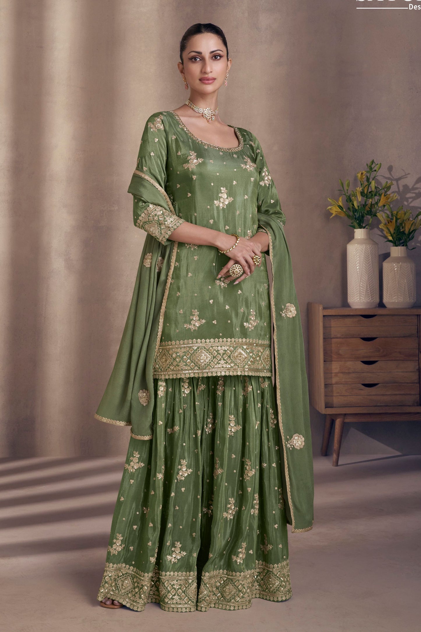 Green Chinon Silk Sharara Suit for Indian Festival & Pakistani Wedding - Embroidery Work