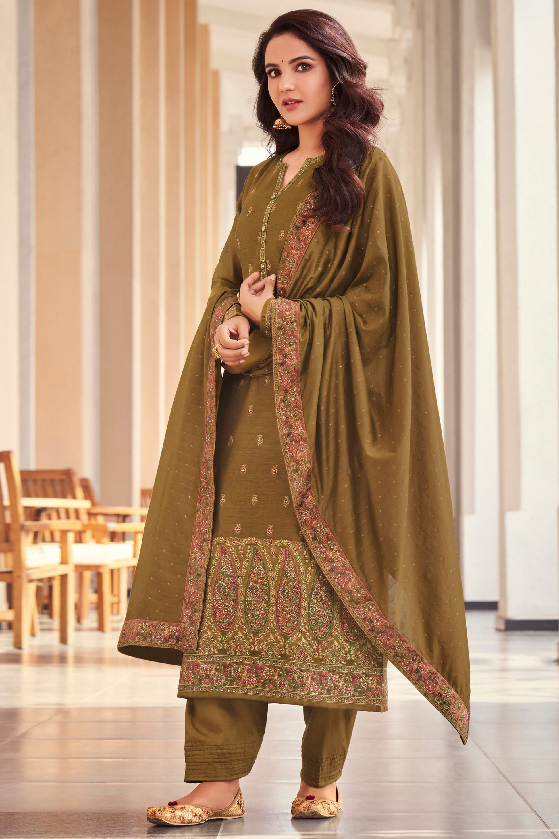 Dark Mustard Jacquard Silk Kameez With Pant For Indian Suit Festivals & Pakistani Weddings Dress - Embroidery Work