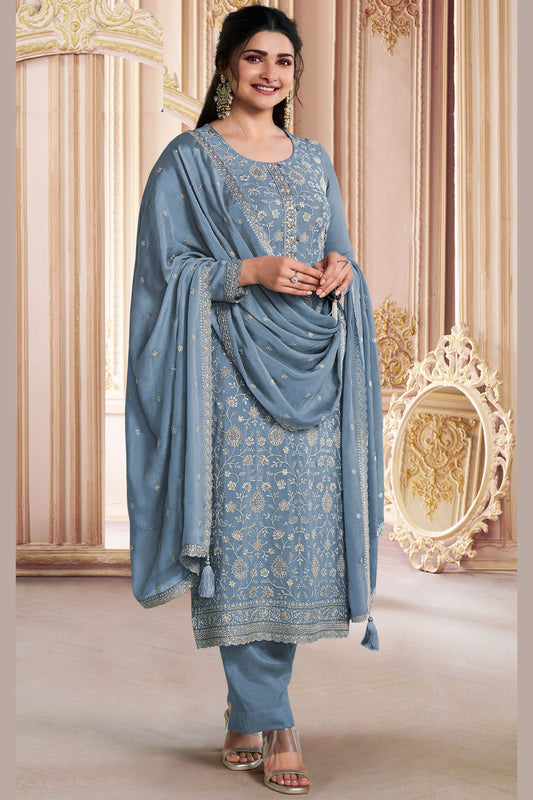 Dusty Blue Chinon Silk Long Kameez Suit with Pant and Dupatta For Indian Festivals & Weddings - Embroidery Work