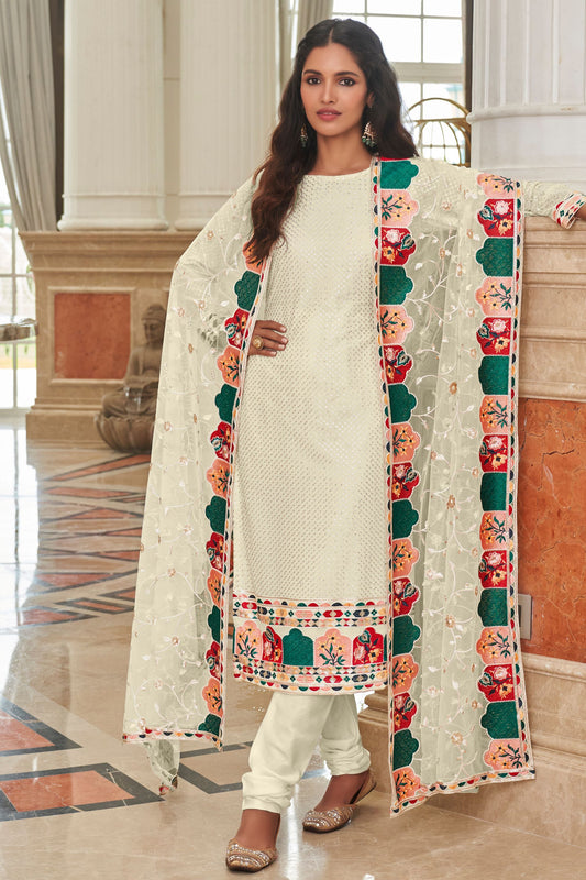 White Pakistani Georgette Salwar Kameez For Indian Festivals & Weddings - Sequence Embroidery Work, Thread Embroidery Work,