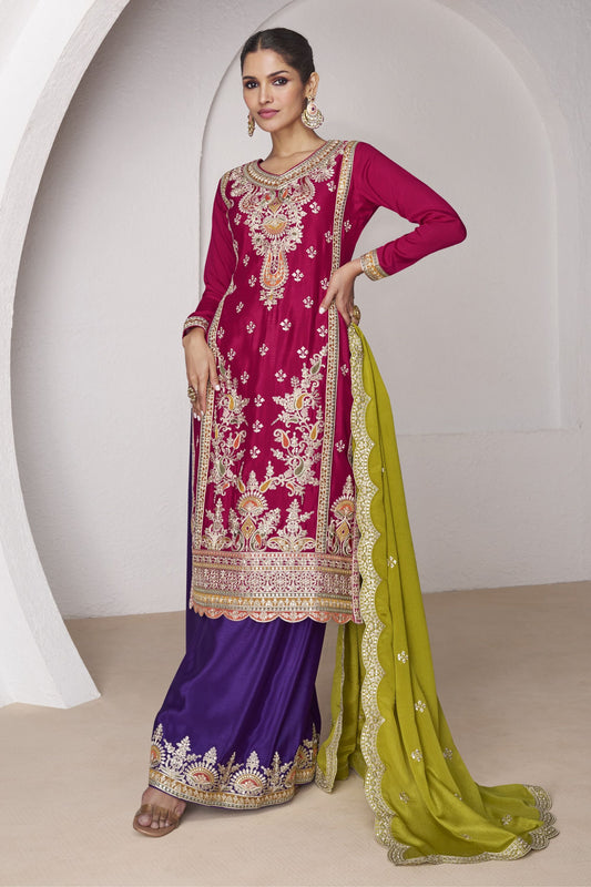 Pink Chinon Silk Palazzo Suit For Indian Weddings & Pakitani Festival - Embroidery Work