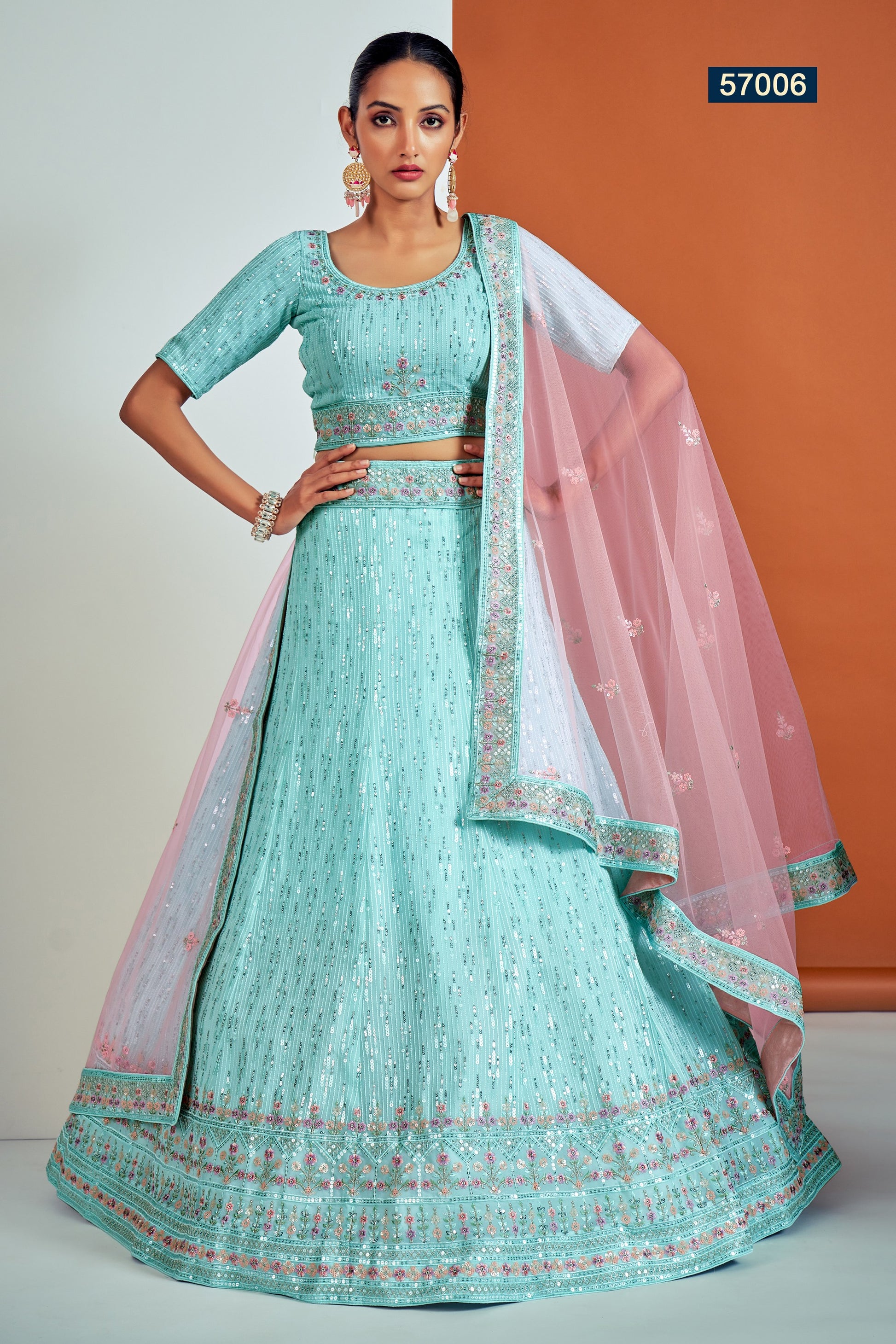 Turquoise Pakistani Georgette Lehenga Choli For Indian Festivals & Weddings - Sequence Embroidery Work, Thread Embroidery Work, Dori Work