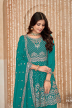 Turquoise Chinon Silk Palazzo Suit For Indian Festivals & Weddings - Embroidery Work