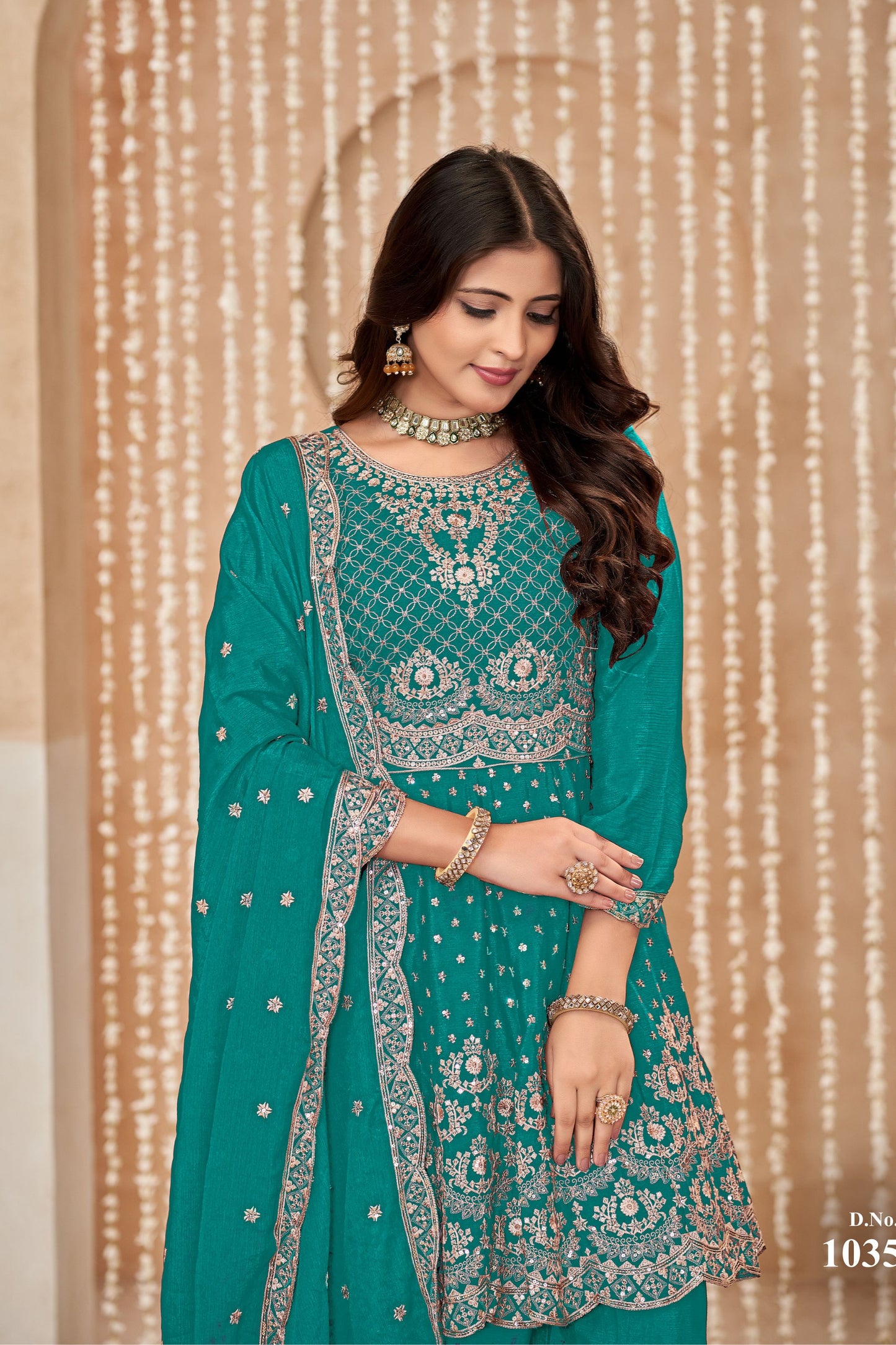 Turquoise Chinon Silk Palazzo Suit For Indian Festivals & Weddings - Embroidery Work