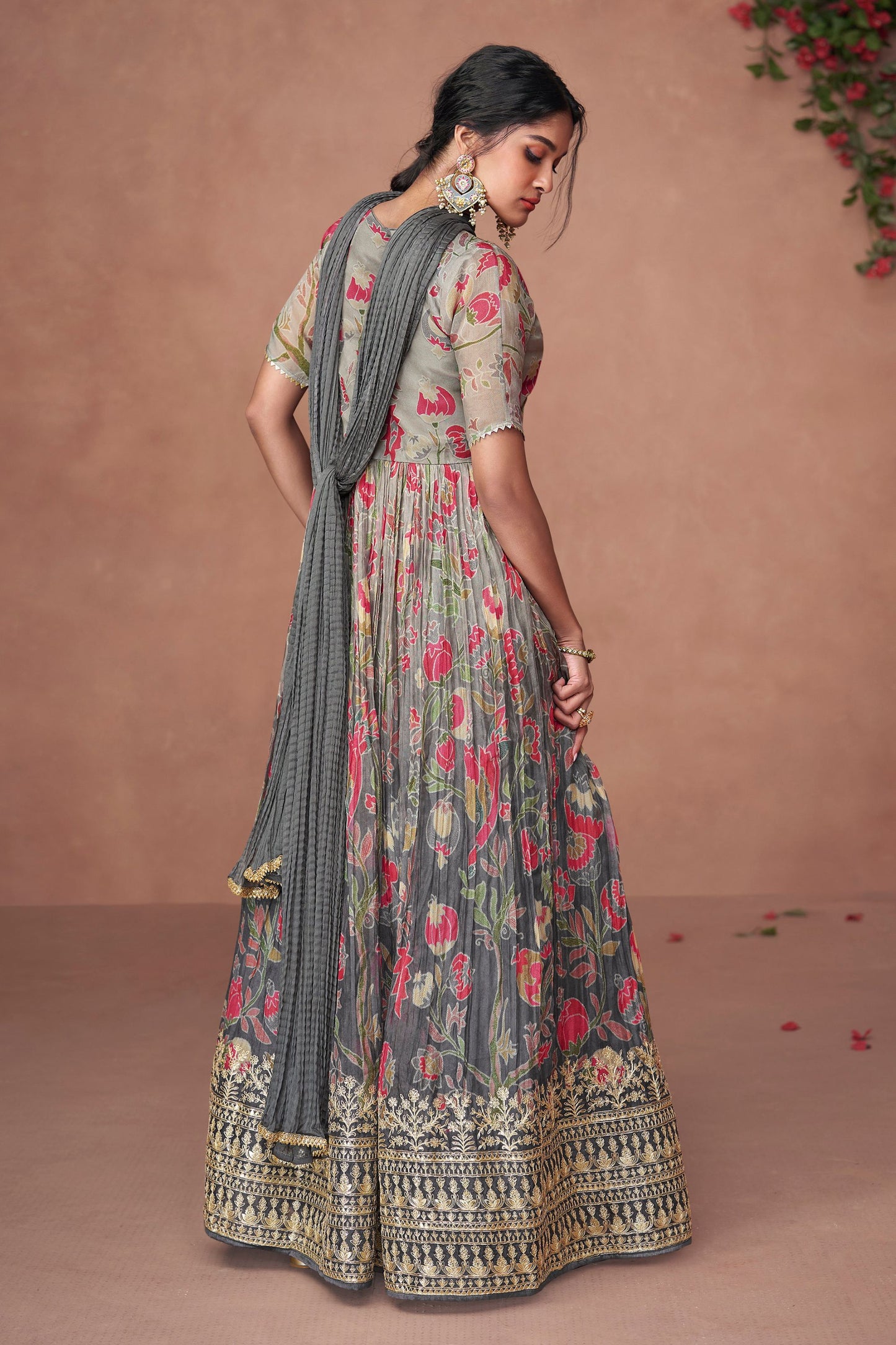 Gray Pakistani Organza Dual Color Floor Full Length Flower Printed Anarkali Gown For Indian Festivals & Weddings - Embroidery Work, Print Work