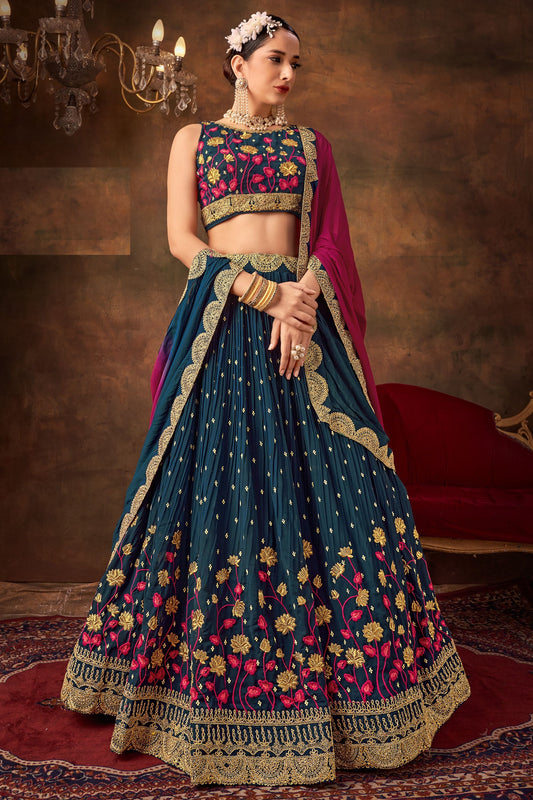 Blue Georgette Lehenga Choli For Indian Festivals & Weddings - Thread Embroidery Work, Sequence Embroidery Work