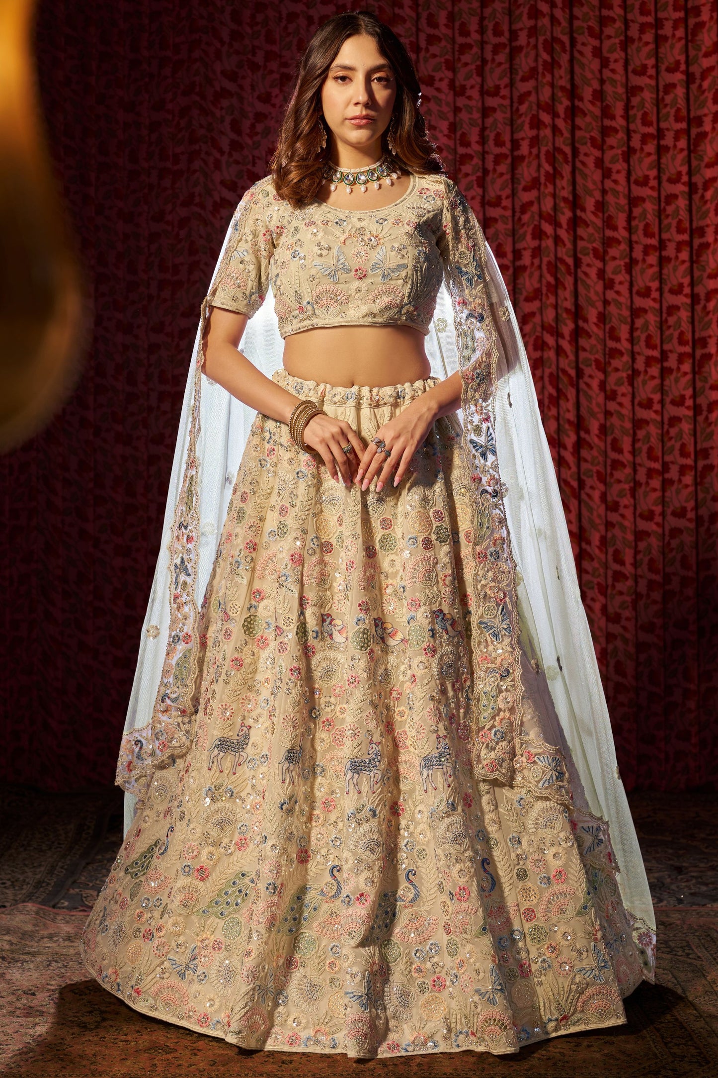 Cream Georgette Lehenga Choli For Indian Festival & Weddings - Sequence Embroidery Work, Thread Embroidery Work, Dori Work, Zarkan Work