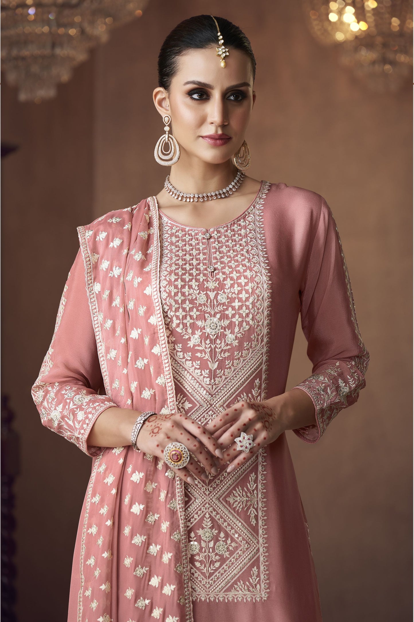 Orange Chinon Silk Palazzo Suit For Indian Weddings & Pakitani Festival - Embroidery Work