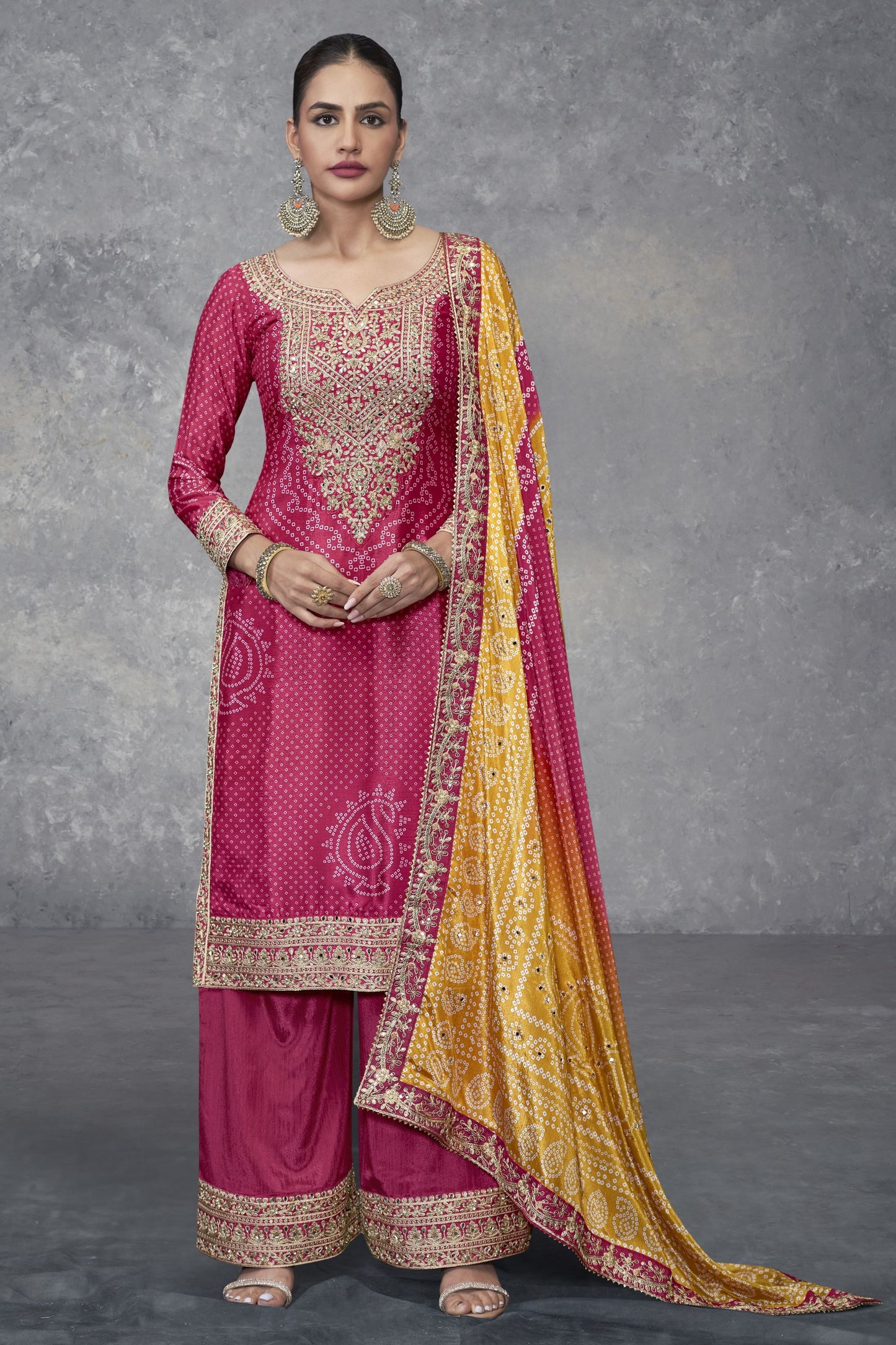 Pink Chinon Silk Bandhani Style Patter Palazzo Suit For Indian Festivals & Weddings - Embroidery Work, Mirror Work, Print Work