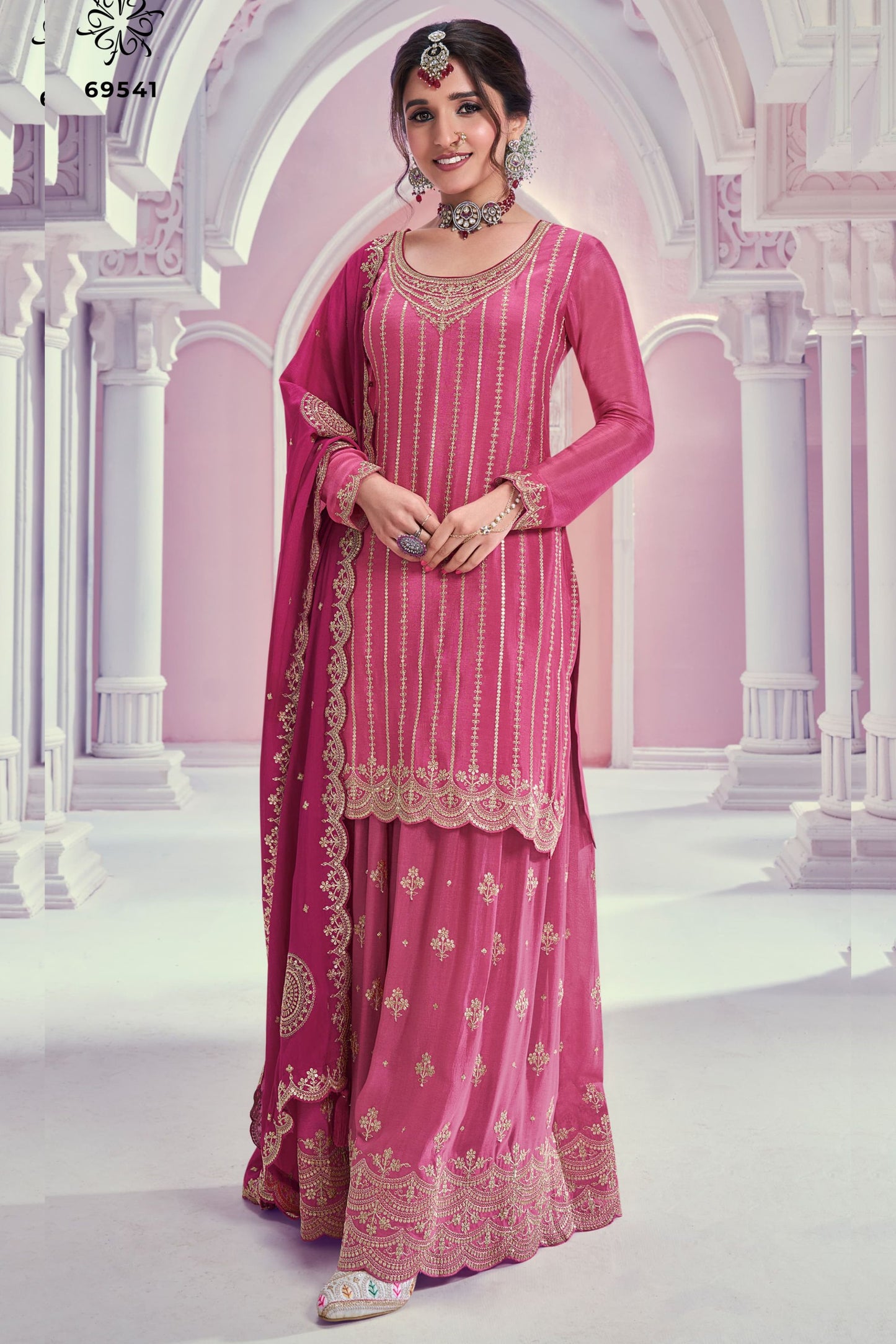 Pink Chinon Silk Palazzo Suit For Indian Festivals & Pakistani Plazo Weddings Dress - Embroidery Work