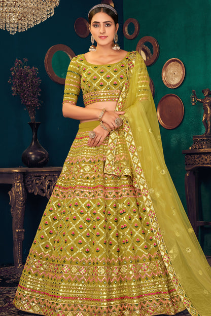 Olive Pakistani Georgette Lehenga Choli For Indian Festivals & Weddings - Thread Embroidery Work,