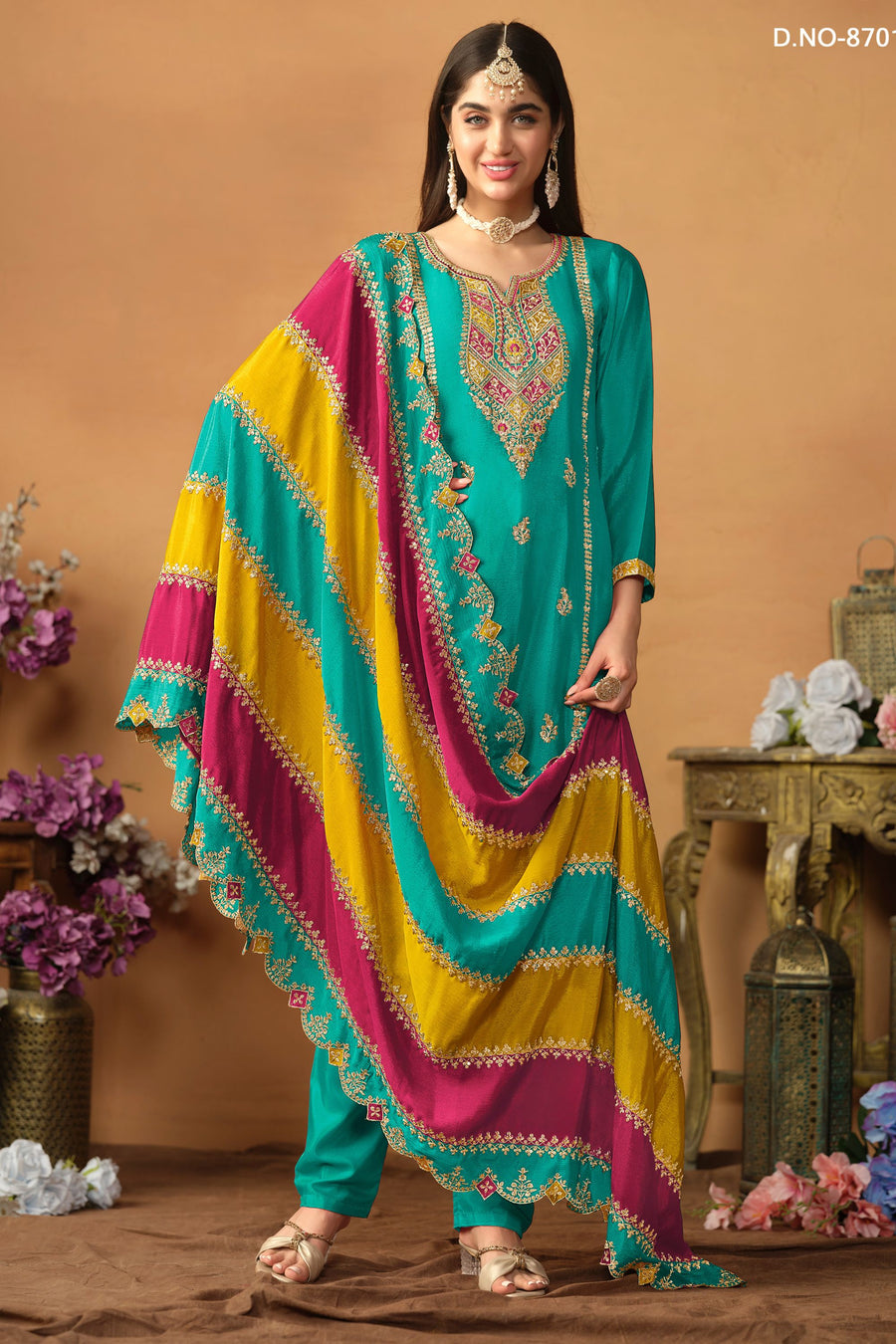 Green Chinon Silk Plus Size Upto 5XL Size Kameez Pant Suit For Indian Festival & Wedding - Thread Embroidery Work, Sequence Embroidery Work