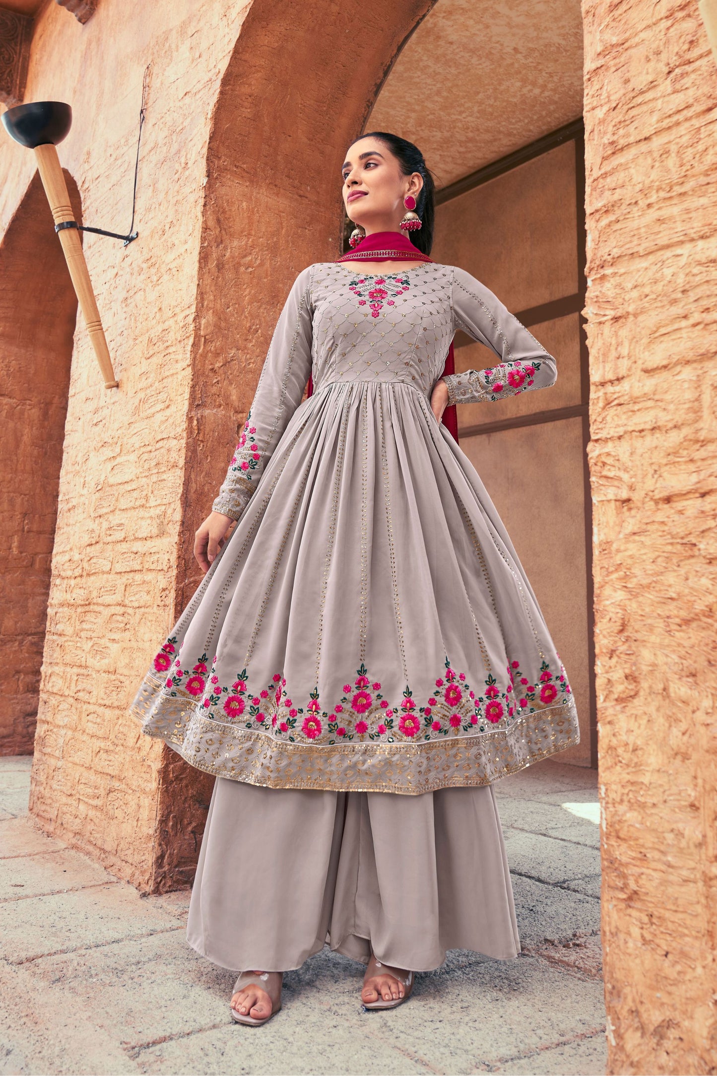 Gray Pakistani Georgette Plazo For Indian Festivals & Weddings - Sequence Embroidery Work, Thread Embroidery Work,