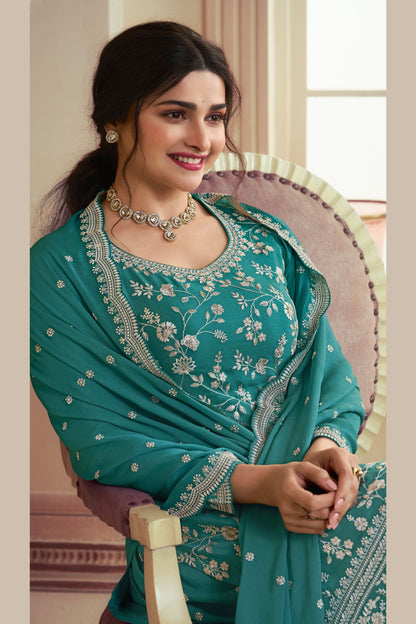 Teal Chinon Silk Palazzo Suit For Indian Festivals & Pakistani Plazo Wedding Dress - Embroidery Work