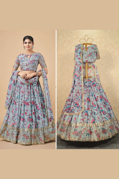 Blue Gray Georgette Floral Printed Lehenga Choli For Indian Festivals & Weddings - Sequence Embroidery Work, Zari Work, Print Work