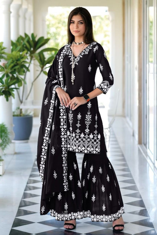 Black Mal Mal Sharara Suits for Pakistani Festival & Indian Wedding - Embroidery Work