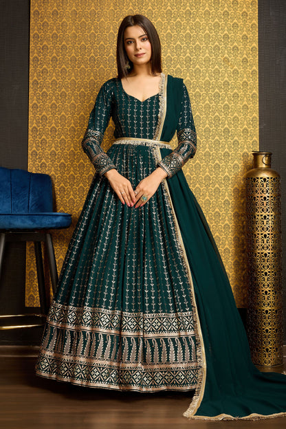 Green Georgette Anarkali Suit For Indian Festivals & Weddings - Metallic Foil Work