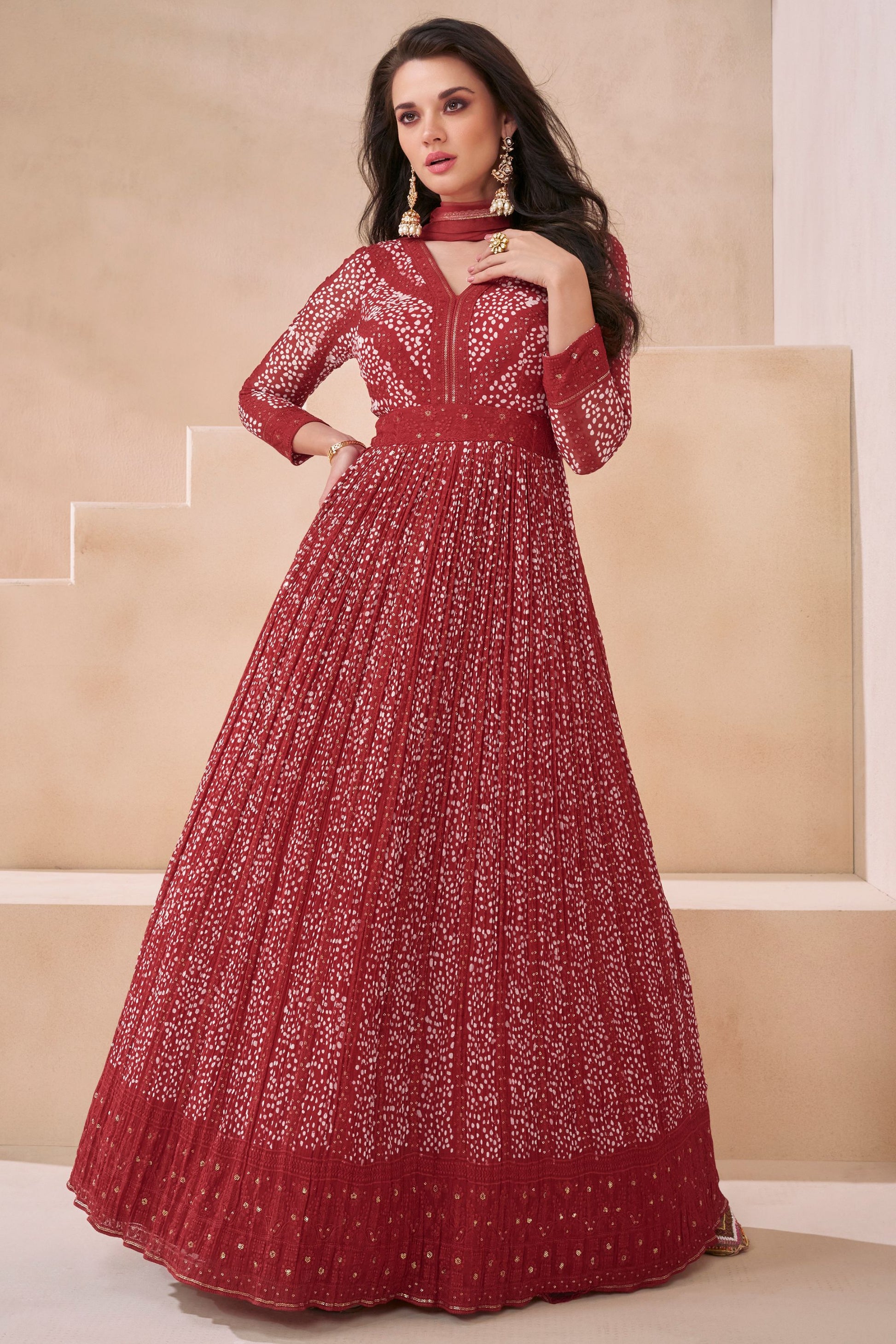 Red Georgette Floor Full Length Anarkali Suit Dress For Indian Festivals & Weddings - Embroidery Work