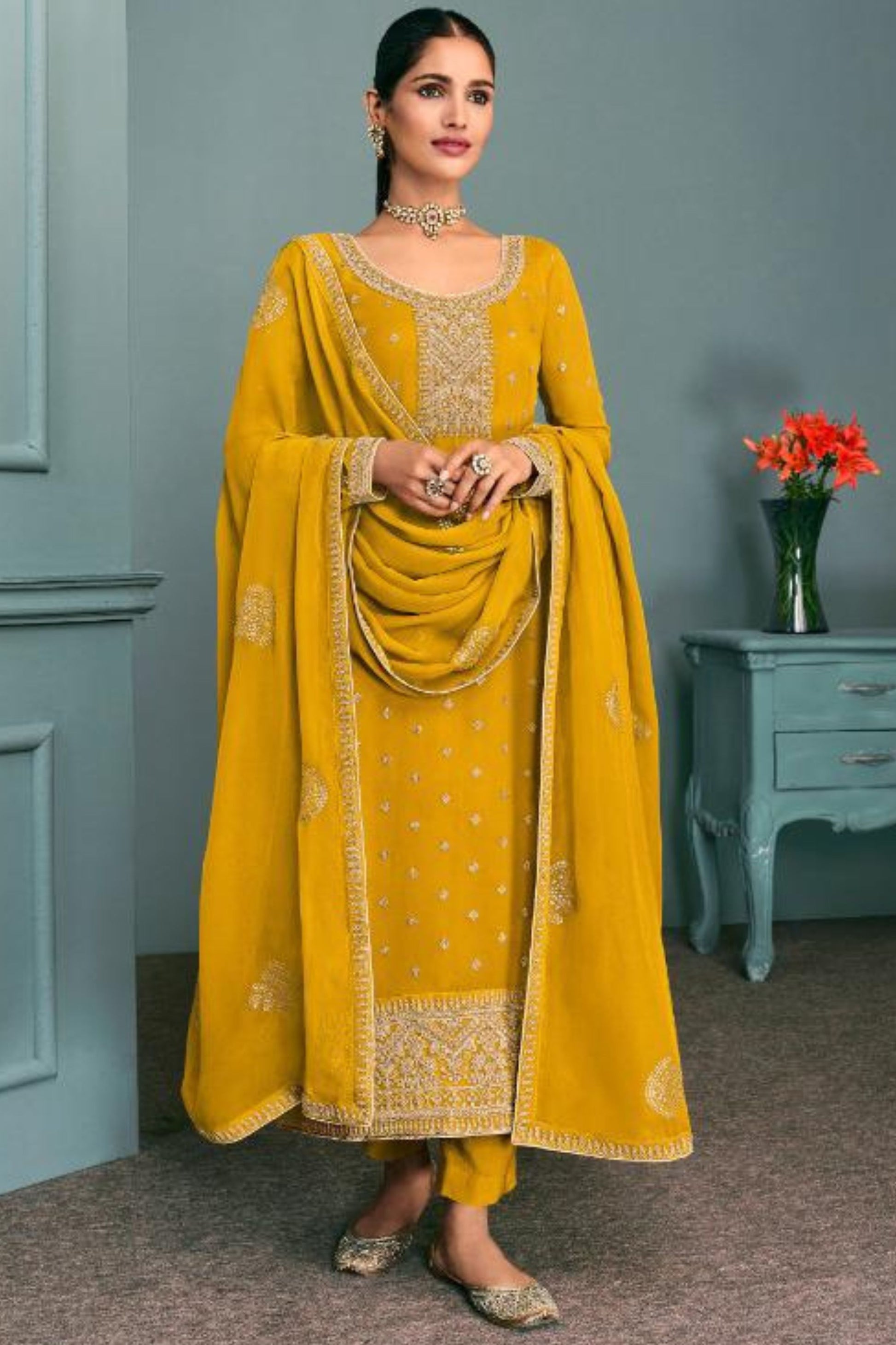 Yellow Georgette Silk Kameez with Pant For Indian Suit Festivals & Pakistani Weddings - Embroidery Work