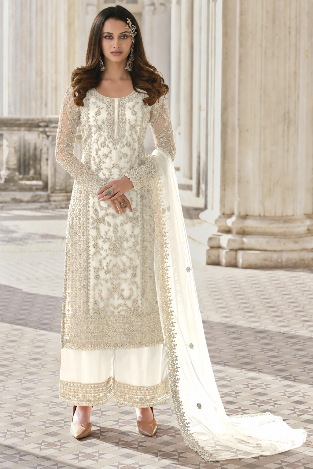 White Net Kameez Plazzo Suit For Indian Wedding & Pakistani Festival Dress - Embroidery Work