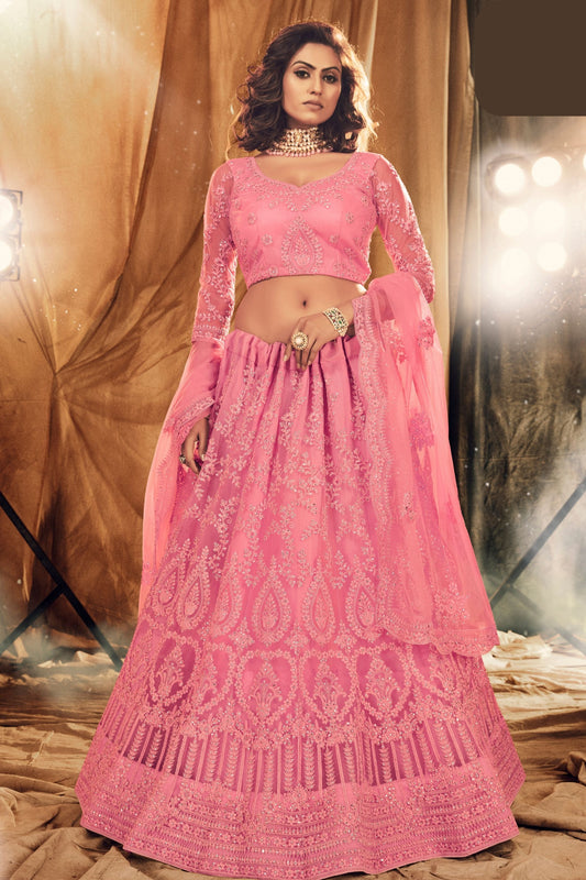 Pink Pakistani Net Lehenga Choli For Indian Festivals & Weddings - Thread Embroidery Work,