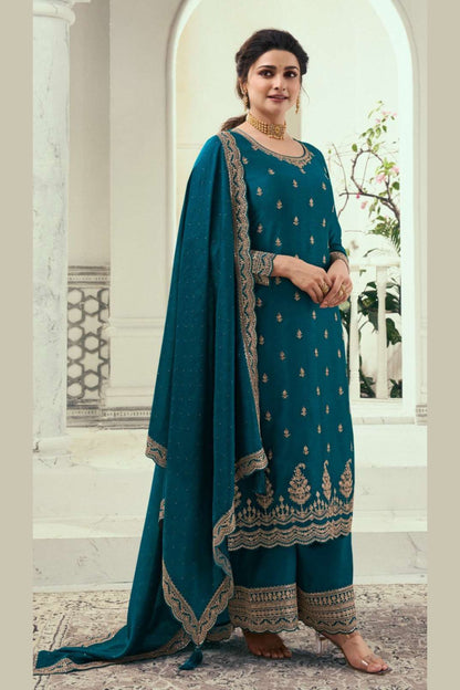 Teal Georgette Silk Salwar Kameez Suit For Indian Festivals & Pakistani Weddings Dress - Thread Embroidery Work