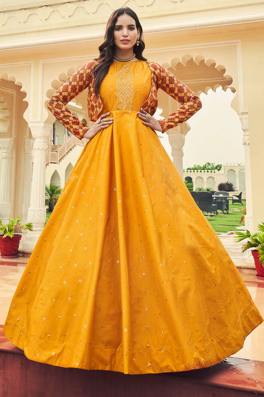 Yellow Pakistani Cotton Anarkali Suit For Indian Festivals & Weddings - Thread Work, Sequence Embroidery Work,